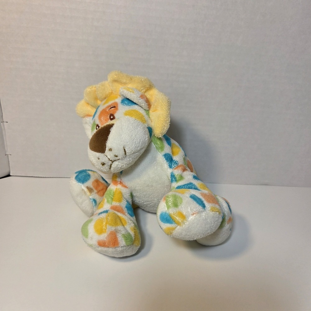 Fiesta White Yellow Blue Green Orange Spots Lion Plush Rattle Baby Lovey Toy 6"